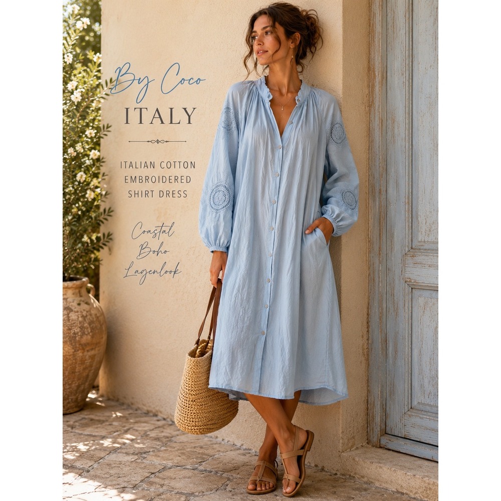 By Coco Italy Blue Cotton Crochet Maxi Dress Coastal Lagenlook Boho XL